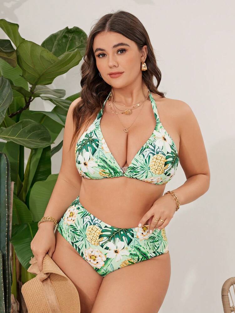 Plus Size Women's Tropical Plant Print Halter Neck Tie Bikini For Summer Beach Vacation