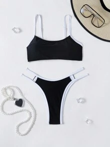 SHEIN Swim Bộ bikini khoét hở bãi biển mùa hè dành cho nữ - Đen và trắng - Xem 5