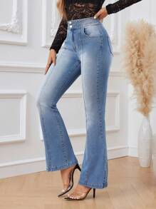 SHEIN Privé 水洗喇叭牛仔褲 - 淺色水洗藍 - 查看 5