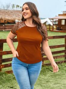 SHEIN LUNE Plus Size Heart Mesh Joint T-Shirt For Summer - Rust Brown - View 1