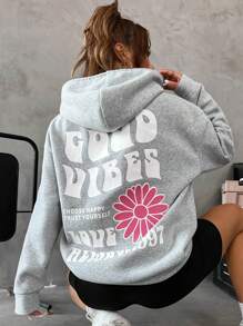 SHEIN Cottnline Hoodie met bloemen- en sloganprint en verlaagde schouders