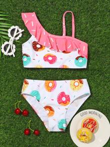 SHEIN Conjunto de bikini con volantes con estampado aleatorio de donas para niña pequeña, para verano y playa - Blanco - Ver 1