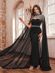 YISIKADO Women's Rhinestone & Pearl Embellished Stand Collar Cape Cloak, Luxurious For Party Evening Gown - Black - View 1