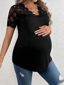 SHEIN 孕婦v領蕾絲拼接短袖t恤