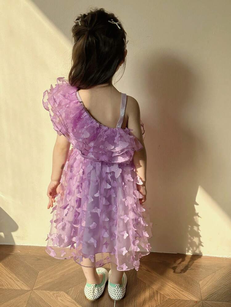 Young Girl One Shoulder 3d Butterfly & Mesh Overlay Dress