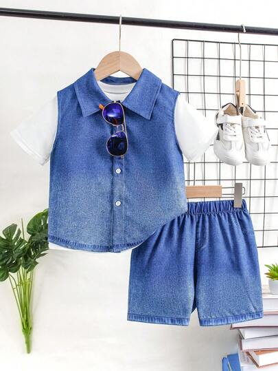 SHEIN 年輕男孩街頭風格涼感無袖上衣＆短袖T恤＆短褲三件套裝，夏季必備