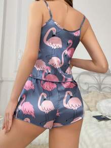 Damen Imitation Seiden Flamingo Druck Camisole Top Und Shorts Pyjama Set