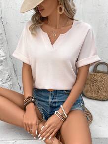 SHEIN Frenchy 純色凸角領蝙蝠袖t恤 - 粉色 - 查看 5