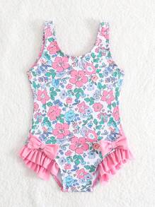 Baby Girl Random Printed Swimsuit With Bowknot Decoration And Ruffled Hem, One-Piece