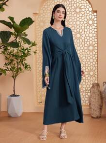 Al Najma Deep Notched Collar Short Sleeve Front Knot Slit Dress - Green - View 5