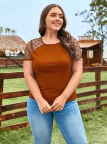 SHEIN LUNE Plus Size Heart Mesh Joint T-Shirt For Summer - Rust Brown - View 3