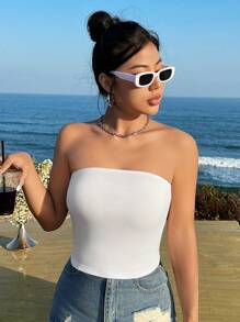 SHEIN EZwear Plain Color Cropped Bustier Casual Fitted Tank Top For Women, Summer - White - View 5