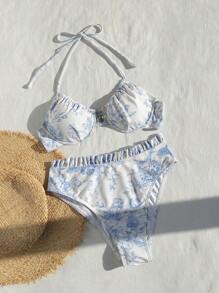 SHEIN Swim Summer Beach Floral Print Two-Piece Bikini Set - Blue and White - View 7