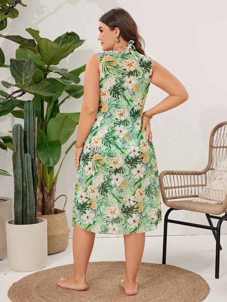 Plus Size Women's Tropical Plant Print Halter Neck Tie Bikini For Summer Beach Vacation