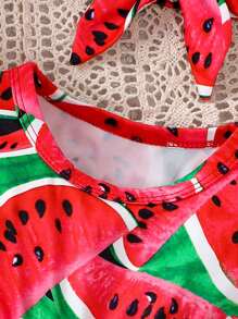 Baby Girl Watermelon Printed Round Neck Sleeveless Bodysuit - Red - View 3