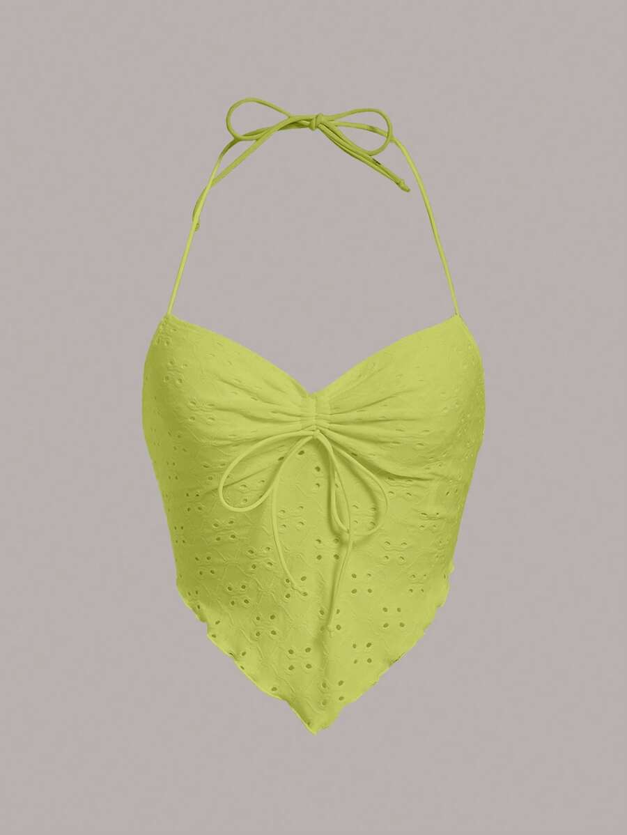 SHEIN MOD Asymmetric Hemline Knitted Halter Top With Drawstring - Lime Green - View 1