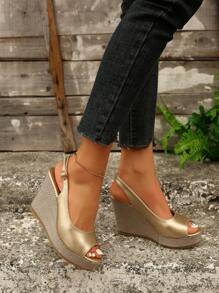 Sandales Compensées Sexy En Or Avec Plateforme Imperméable, Talon Et Bride À La Cheville Avec Boucle, Talon Ouvert