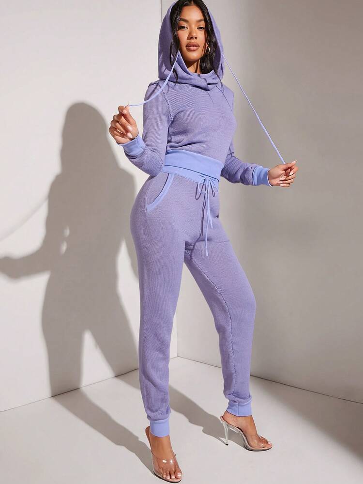 Contrast Knit Hoodie & Pants Set