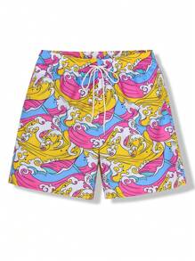 Manfinity KASUA Men's Drawstring Beach Shorts With Ocean Wave Print - Multicolor - View 1