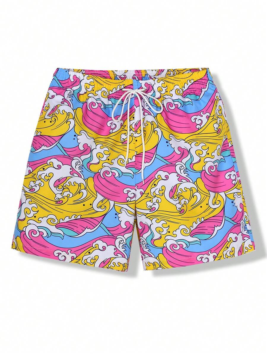 Manfinity KASUA Men's Drawstring Beach Shorts With Ocean Wave Print - Multicolor - View 1
