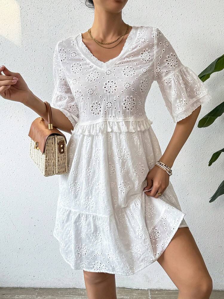 Women's V-Neck Patchwork & Ruffle Hem Dress