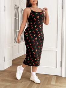 SHEIN CURVE+ Vestido De Tirantes Con Estampado De Cerezas Para Mujer De Talla Grande - Negro - Ver 5