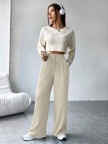SHEIN EZwear 秋冬高腰阔腿西装裤 - 杏色 - 查看 3