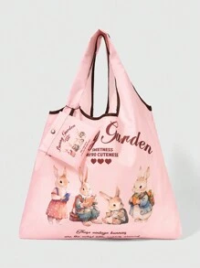 ROMWE Kawaii 2入組卡通兔紋摺疊型購物袋和錢包,具有大容量和便攜把手492037