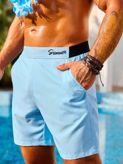 Surfspeed Men's Alphabet Patterned Beach Shorts With Diagonal Pockets, Pool Shorts For Beach, Vacation