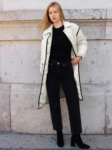 SHEIN Frenchy Khối màu Lỏng lẻo Đệm Chiều dài trung bình áo Với Hem - trắng - Xem 4