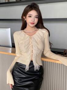 DAZY Lace Joint Cardigan With Buttons For Women - Beige - View 2