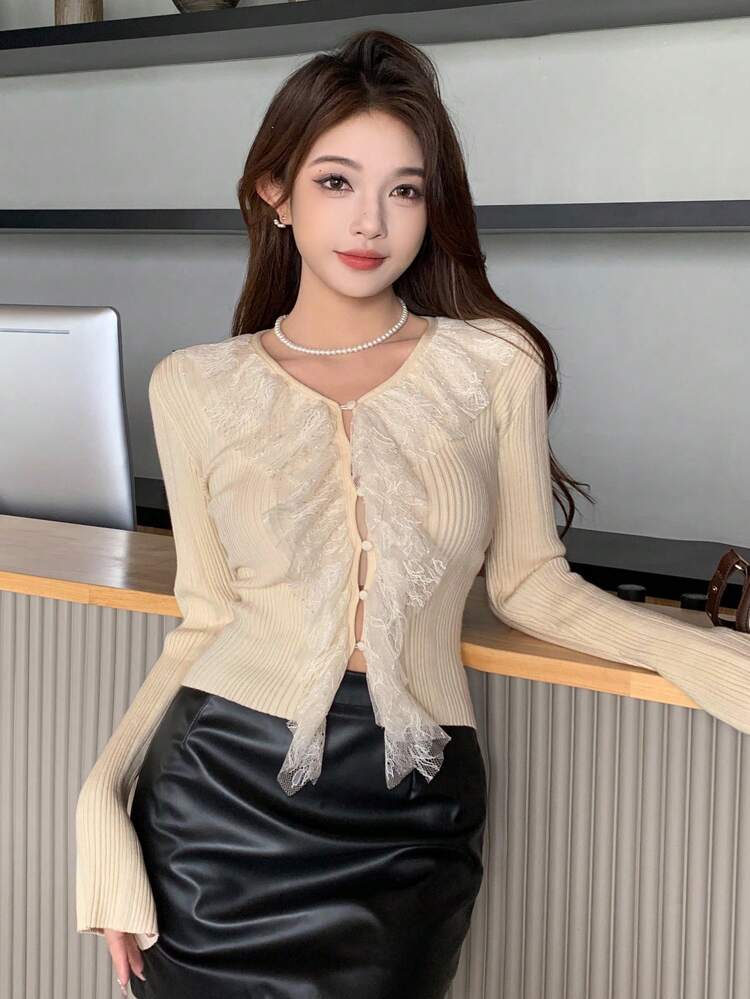 Lace Joint Cardigan With Buttons For Women