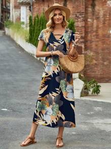 EMERY ROSE 女式春季热带植物印花休闲连衣裙