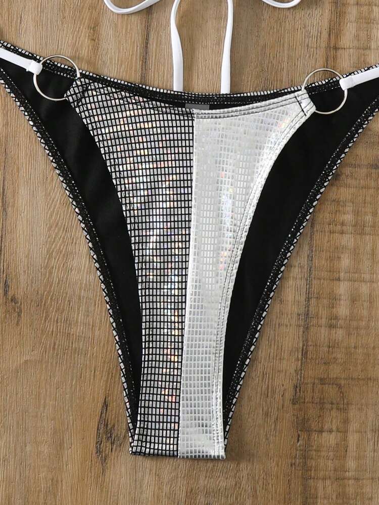 Metallic Fabric Halter Neck Two-Piece Bikini Set For Women Summer Beach