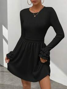 SHEIN Privé Women's Round Neck Long Sleeve Solid Color Sweater Dress