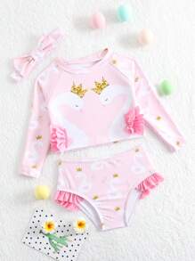 SHEIN 嬰兒女童天鵝印花拼接長袖防曬泳衣,底部有荷葉邊 - 粉色 - 查看 3