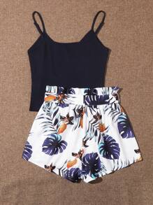 SHEIN VCAY Conjunto De Dos Piezas Para La Playa, Top Camiseta De Punto Sólido Con Cuello En V Y Pantalones Cortos De Liguero Estampado De Plantas Tropicales - Multicolor - Ver 2
