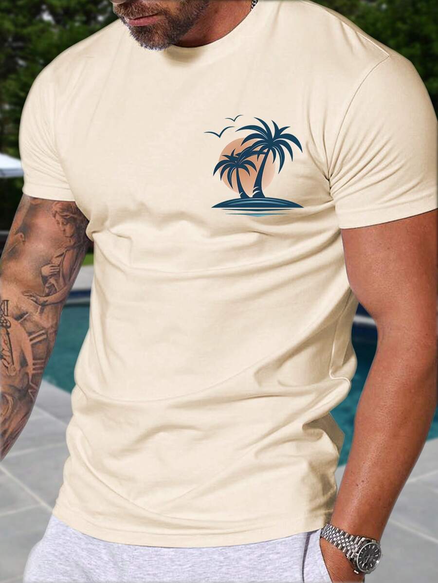 Manfinity RSRT Men Coconut Tree Print Short Sleeve Slim Fit Summer T-Shirt, Casual, For Friends - Apricot - View 1
