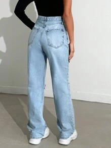 SHEIN Cottnline Women's Ripped Straight Leg Jeans - Blue - View 2