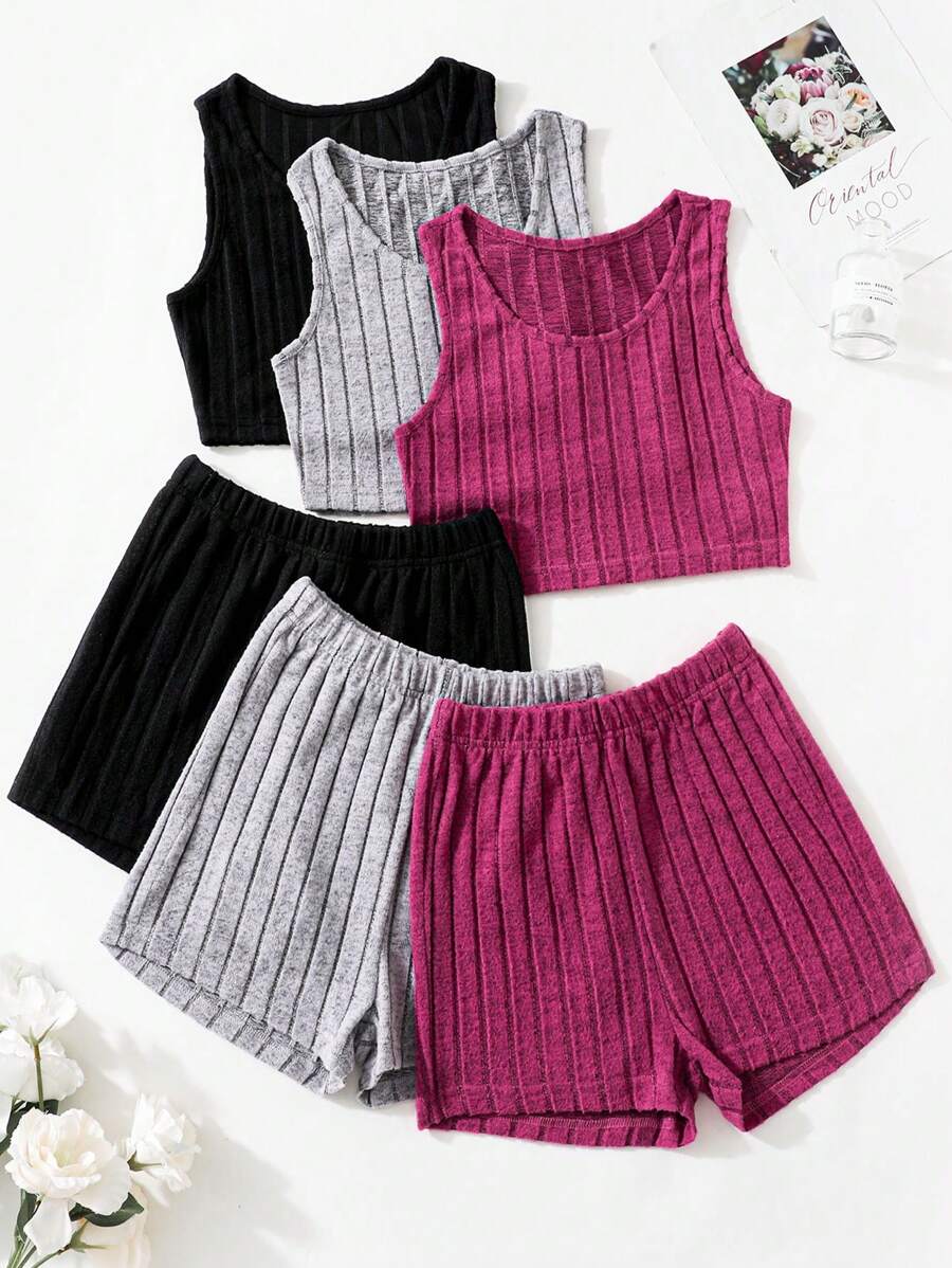 SHEIN Tween Girls' Ribbed Tank Top And Shorts Set