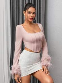 Zolique Camiseta De Manga Corta En Color Sólido Con Puños Peludos Recortados