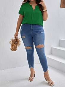 SHEIN Clasi Plus Size Notched Neck Short Sleeve Blouse - Green - View 5