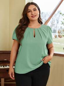 SHEIN Clasi Kích thước lớn Đường viền lỗ khóa Ngắn tay Áo sơ mi - Màu xanh Bạc hà - Xem 1