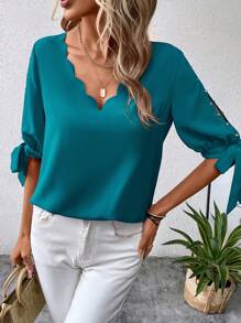 SHEIN Clasi Blusa Para Mujer Con Hombro Al Descubierto, Dobladillo Arqueado Y Cuello En V - Agua verde azul - Ver 5