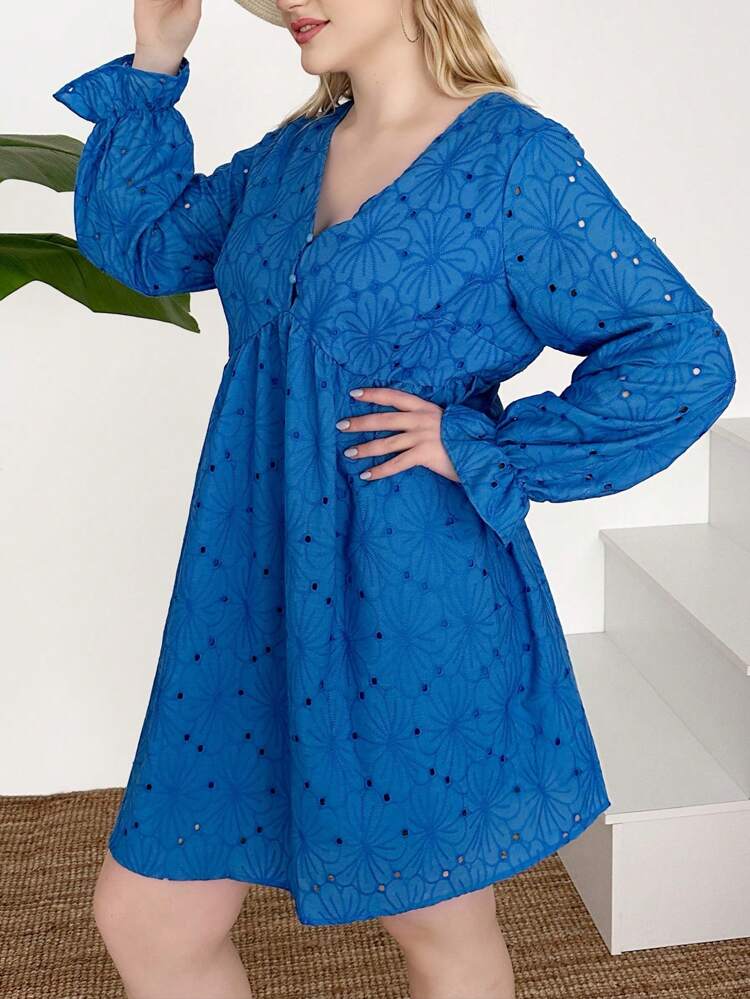 Plus Women's Size V-Neck Ruffled Sleeves Embroidered Dress