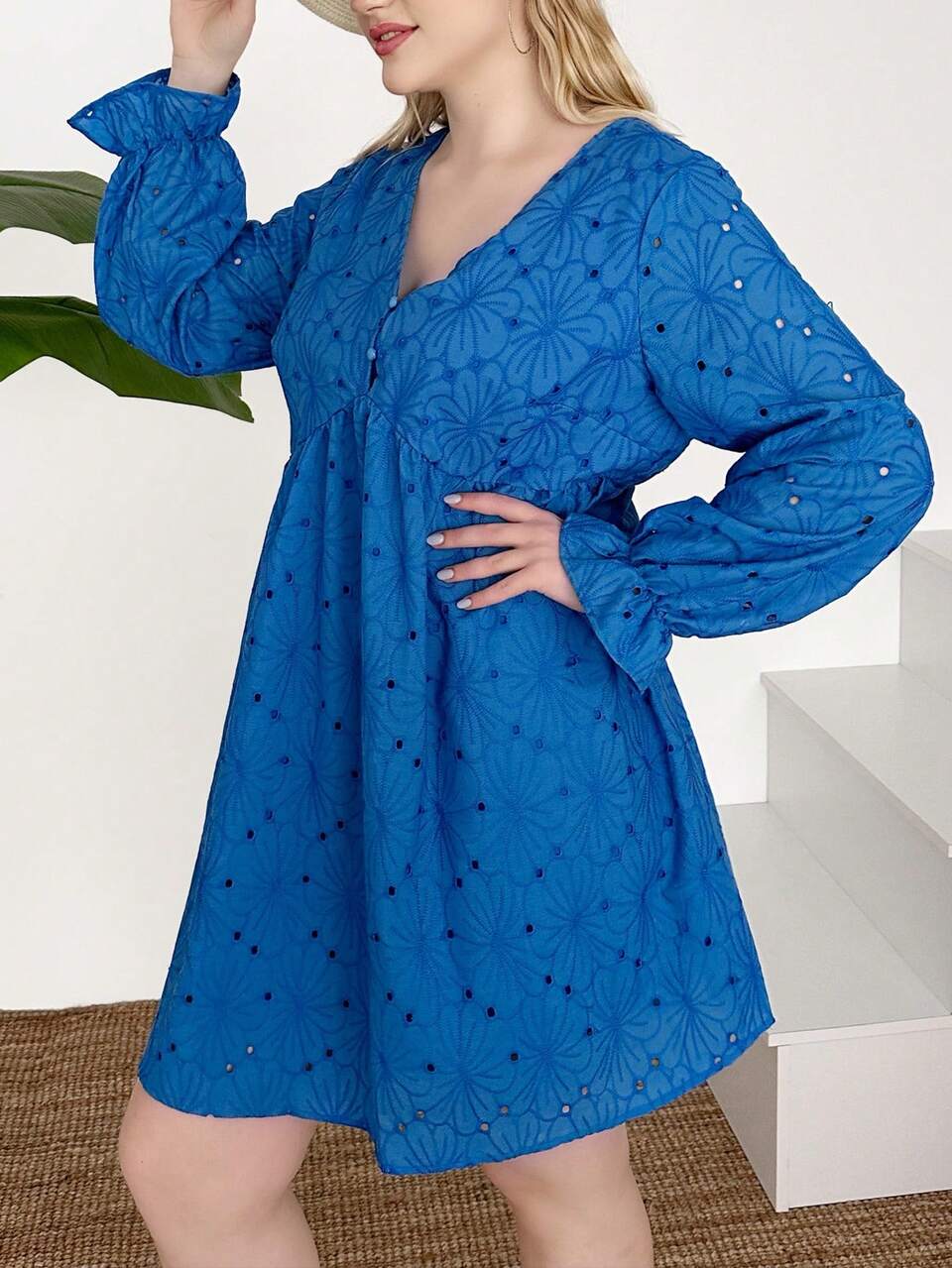 Plus Women's Size V-Neck Ruffled Sleeves Embroidered Dress