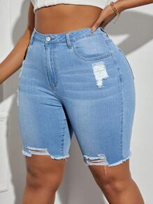 SHEIN SXY Plus Size Women's Distressed Denim Shorts  Summer Outfits For Women Festival Outfits  Casual Biker Shorts