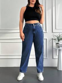 EURMUSE Plus High Waist Slant Pocket Jeans - Blue - View 4