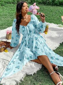 Flirla Plus Size Blommönster Knuten Front Asymmetrisk Fåll Klänning Maxi Vacation Beach Outfits Kvinnor - Blå - Visa 5