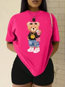 SHEIN Ladies' Cartoon Bear Pattern Short Sleeve T-Shirt Graphic Tees Women Tops - Hot Pink - View 1